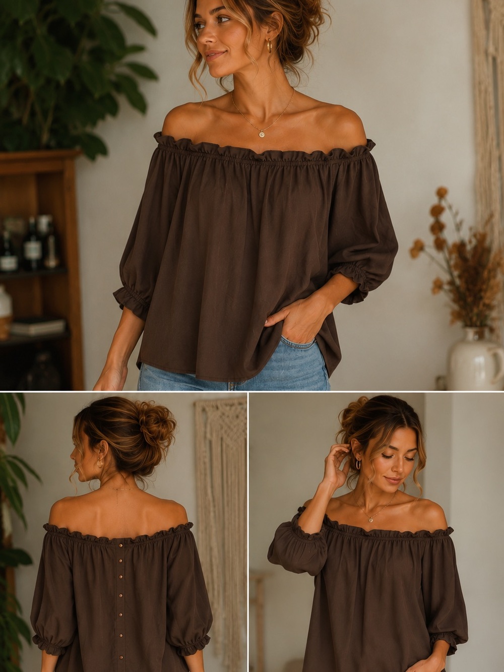 Streetwear Society Brown Off-the-Shoulder Blouse | Size Medium